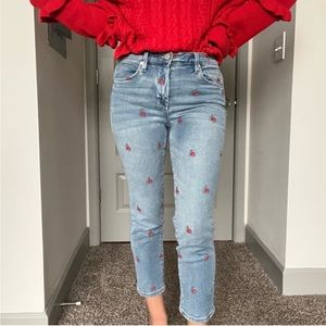Black NYC embroidered rose cropped denim